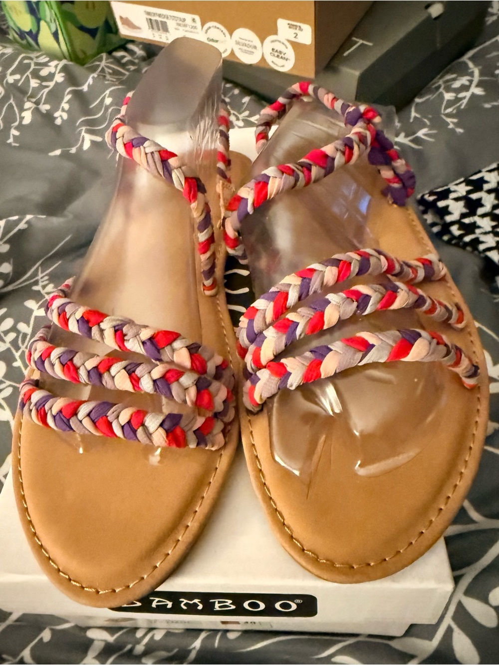 BAMBOO Braided Multi-Color Strappy Slide Sandals - Tan, Red & Purple